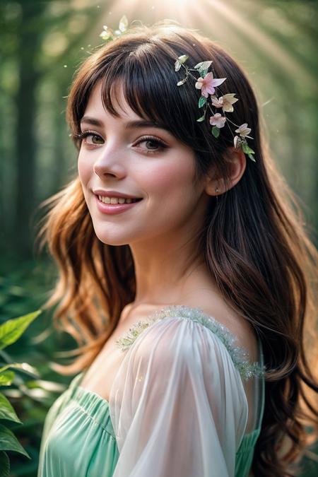 AshleyG_SoloTI_v1,
(happy,smile),
(In a playful ensemble of pastel-colored petals and leaves, with sparkling fairy dust adorning her hair and delicate wings shimmering in the sunlight, for a whimsical and innocent look),
(Amidst a sunlit glade in the heart of an enchanted forest, where dewdrops glisten on emerald leaves and the laughter of woodland creatures fills the air, a sense of magic and mischief surrounds the fledgling fairy:1.3),
(seductive:1.3),(analog, cinematic, film grain, hazy atmosphere, cinematic shot:1.3), 
 <lora:add_detail:0.6>,<lora:LowRa:0>, PA7_Portrait-MCU,