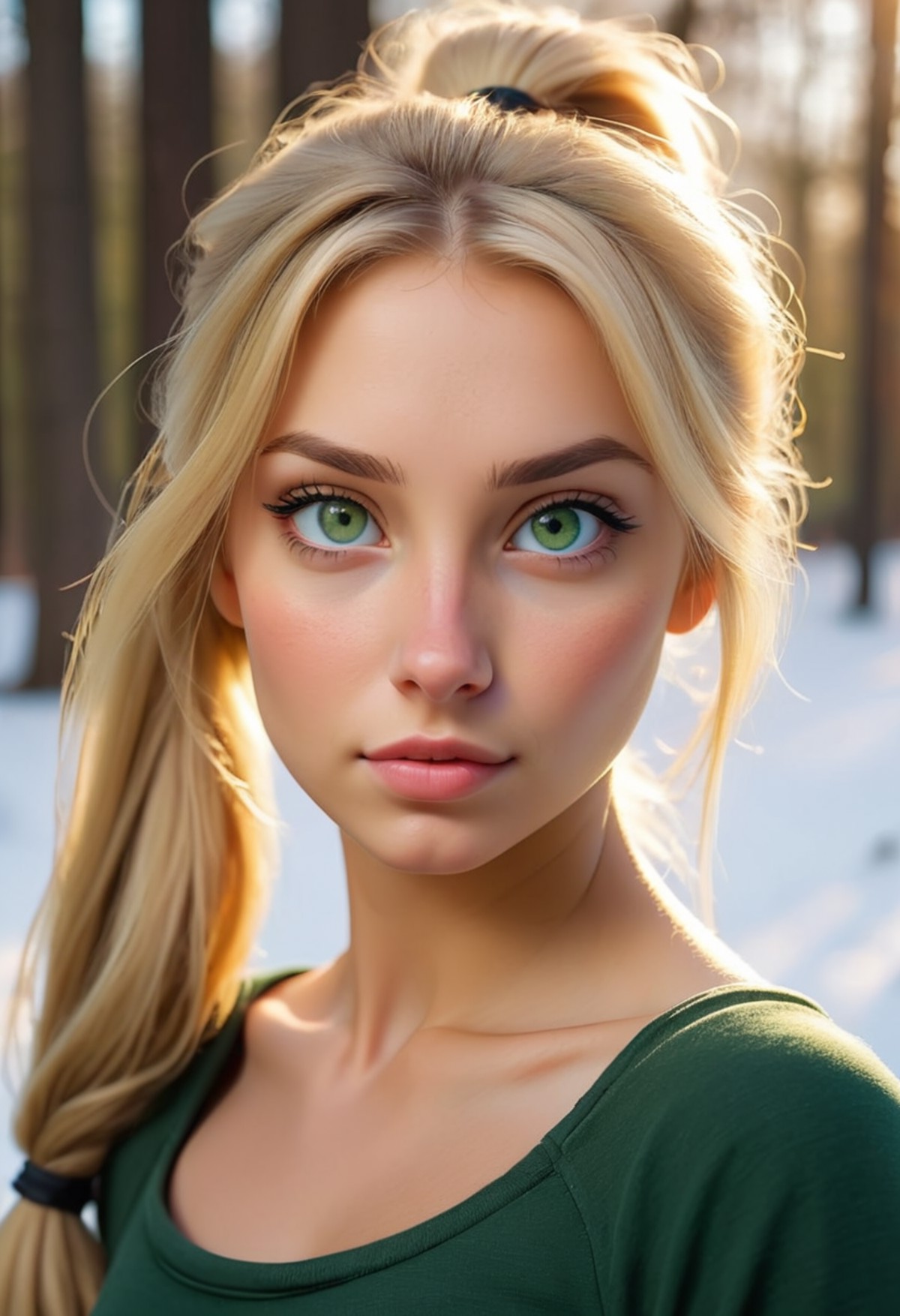 large format photo of a beautiful European girl, 27 years old, natural green eyes,  blonde,  ponytail long hair,  with sma...