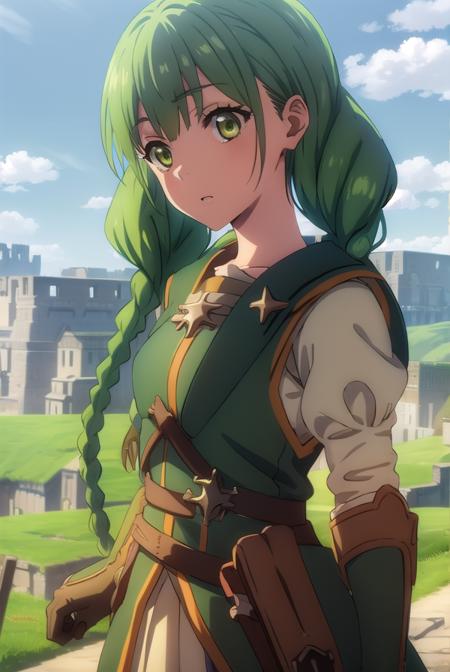 rishiaivyred, <lora:rishia ivyred s3-lora-nochekaiser:1>,
rishia ivyred, long hair, bow, (green eyes:1.3), braid, hair bow, green hair, twin braids,
BREAK gloves, dress, brown gloves, green dress, skirt, white skirt, puffy sleeves,
BREAK outdoors, forest, nature, sun, sky, trees, clouds, grass,
BREAK looking at viewer, (cowboy shot:1.5),
BREAK <lyco:GoodHands-beta2:1>, (masterpiece:1.2), best quality, high resolution, unity 8k wallpaper, (illustration:0.8), (beautiful detailed eyes:1.6), extremely detailed face, perfect lighting, extremely detailed CG, (perfect hands, perfect anatomy),