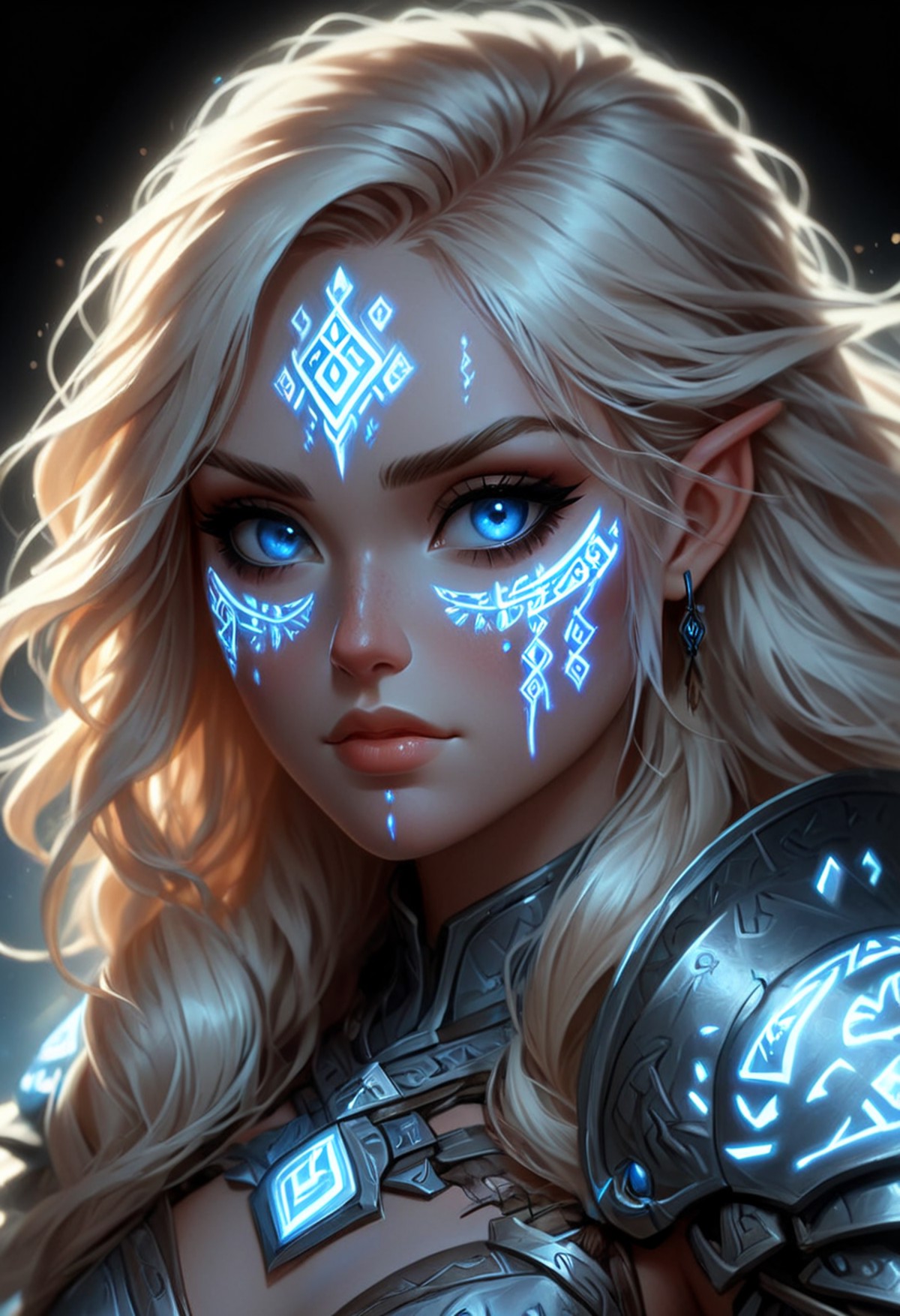 glowing white runes, A beautiful woman with blonde hair and blue eyes, she's wearing glowing rune armor, portrait, glowing...