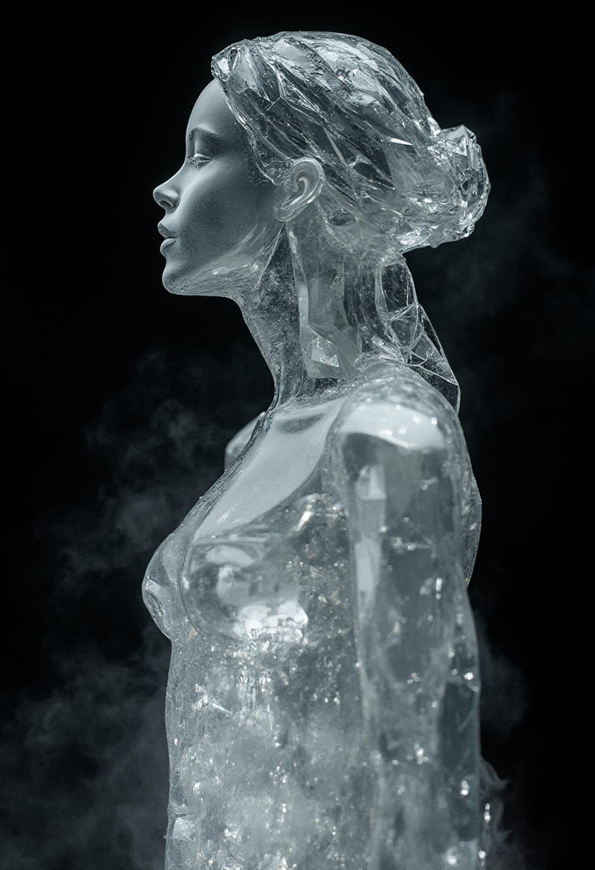 pamcrystal, woman made of crystal, dark background, glowing dust particles