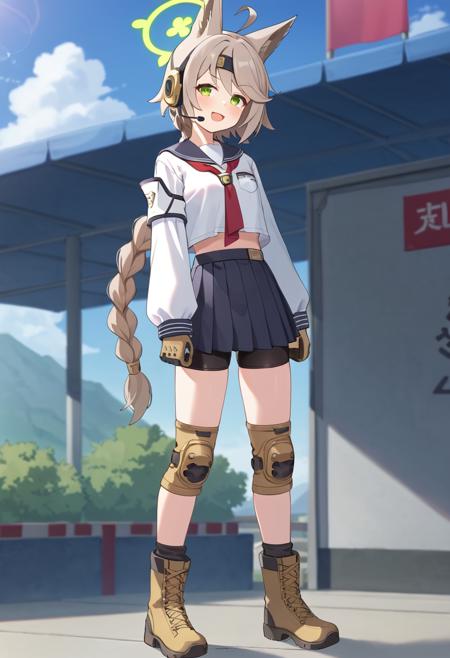 otogi-default, otogi \(blue archive\),green eyes,grey hair,single braid,animal ears,ahoge,halo,headset,sailor collar, serafuku, long sleeves,pleated skirt,bike shorts,boots,knee pads,bandaid,(armband:0.8),gloves otogi-weponless, otogi \(blue archive\),green eyes,grey hair,single braid,animal ears,ahoge,halo,sailor collar, serafuku,long sleeves,pleated skirt,bike shorts,boots