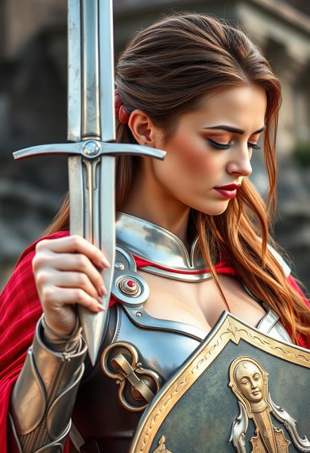 A woman in silver armor, red cape, holding an ancient sabre in her right hand, held high in front of her face, the point of the sword pointed to the ground, woman with long brown hair, slightly tilted head, eyes closed, wearing jeweled earrings, breast, medium breast, lips, left hand holding shield, profile, outdoor blurred background, science fiction
