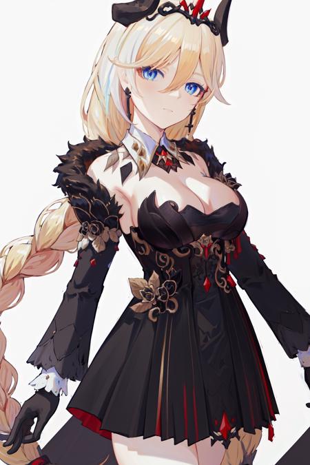 masterpiece, best quality, highres, 1girl blue eyes hair flower horns earrings braided ponytail tiara, black dress bare shoulders breasts cleavage black gloves long sleeves single thighhigh fur trim detached collar <lora:durandal_nibelungen_traumlied:1> from side, looking at viewer, simple background