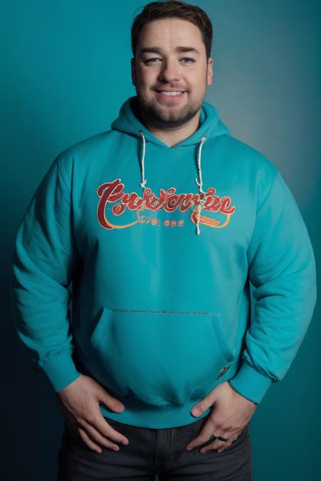 JasonManford, stubble, 80's heartthrob, (1man), muscular, hunky male, (wearing a Retro-style sweatshirt), handsome, professional lighting, artistic shot, blue background <lora:JasonManfordLora:1>