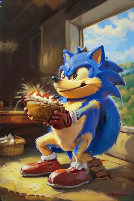 sonic the hedgehog big furry eating oil painting <lora:jgurney:0.8>