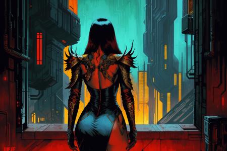 Cyberpunk, bold colors, (by Philippe Druillet and Juan Giménez), erotic illustration of a [Cyborg|Woman] standing in front of a large window, overlooking cyberpunk cityscape, side-cut dress, big ass, dim lighting, dystopian, indoors, complex background, at night, [paint drip], oil on canvas, gritty, (symbolism:0.9), intricate details, from behind, ass focus