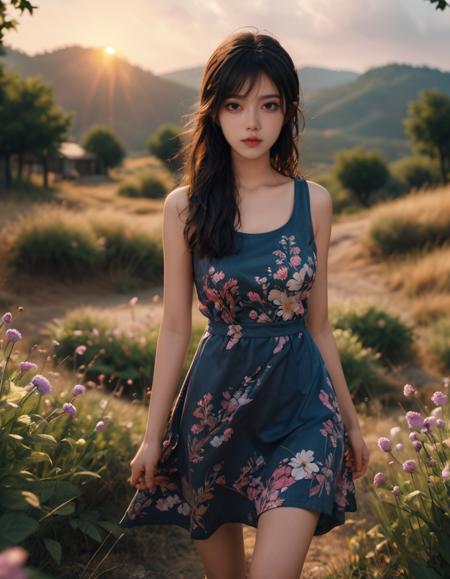 (masterpiece,best quality,ultra high res,8K,photorealistic,realistic,raw photo,illustration,real person,photograph), .(amazing,finely detail,an extremely delicate and beautiful,sharp focus), .1girl, solo, full body, moyou, (Village: 1.3) + (Sunset: 1.2) + (Ambilight: 1.1) + (Soft Singing) + (Soft Light :(Girls:1.2), Unique Atmosphere), (Girl with Unique Atmosphere, Wearing (Floral Dress) Being) (Meadow:1.1) + (Walking) + (Letting Go of Yourself), (Sunshine: 0.8) + (Breeze:0.7), dark theme, <lora:å¹¼æç¾kosina:1>, kosina,