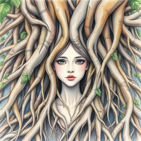 many roots spanning the ground with a 20yo woman trapped under them, full view, high quality watercolor, 4k watercolor, very plain face, girl next door, pretty hips. Her face is a textbook example of a vivid, anatomically realistic drawing.
