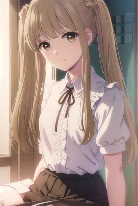 norikokamomebata, <lora:noriko kamomebata s1-lora-nochekaiser:1>,
noriko kamomebata, long hair, blonde hair, brown hair, hair ornament, twintails, (brown eyes:1.5), flower, hair flower,
BREAK skirt, shirt, ribbon, short sleeves, frills, shoes, socks, puffy sleeves, black skirt, neck ribbon, white socks, mary janes, frilled socks,
BREAK indoors, classroom,
BREAK looking at viewer, (cowboy shot:1.5),
BREAK <lyco:GoodHands-beta2:1>, (masterpiece:1.2), best quality, high resolution, unity 8k wallpaper, (illustration:0.8), (beautiful detailed eyes:1.6), extremely detailed face, perfect lighting, extremely detailed CG, (perfect hands, perfect anatomy),