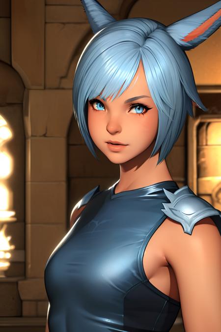 (masutepiece:1.2, Best Quality, Photo Real Stick), 1girl, radhy_shamar \(ffxiv\), (Cool Beauty), pixie cut, Blue hair, cat ears, cat tail:1.2, ((no-human ears:1.2, no-pinted ears:1.2)), light-cyan eyes, middlebreasts, ((crimson tattoo on upper back)), ((clothed armor:1.2, ffxiv knight armor:1.4)), ((Face Close-up:1.2, Face Focus:1.2, Looking at Viewer, Upper body)), Smile lightly without opening your mouth, fantasy background,