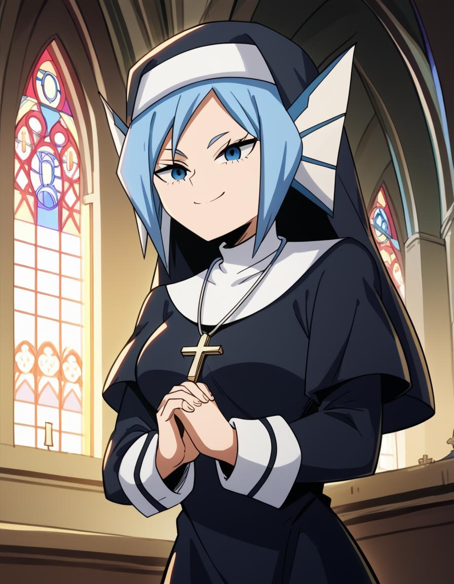 score_9, score_8_up, score_7_up, source_anime, <lora:hero-sirius-s5-ponyxl-lora-nochekaiser:1>, sirius, short hair, blue eyes, blue hair, head fins, medium breasts,, <lora:traditional-nun-ponyxl-lora-nochekaiser:1>, traditional nun, nun, habit, long sleeves, dress, black dress, jewelry, black veil, cross, cross necklace,, church, smug, praying,, , dutch angle, cowboy shot