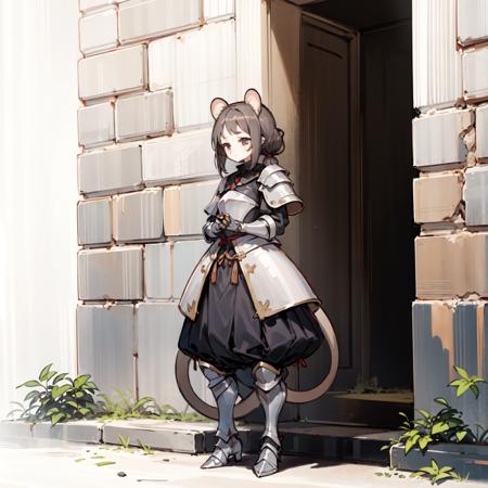 (1girl:1.5),  ratkin,  ratkin_ears, ratkin_tail, ratkin_hairstyle, black  hair,  standing, mature, armored,  <lora:ratkin_v0.1-000002:1>