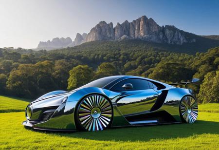 1car, super car, outdoors, magnificent view, modern twist, astonishing, made of cd's, 4k, highly detailed