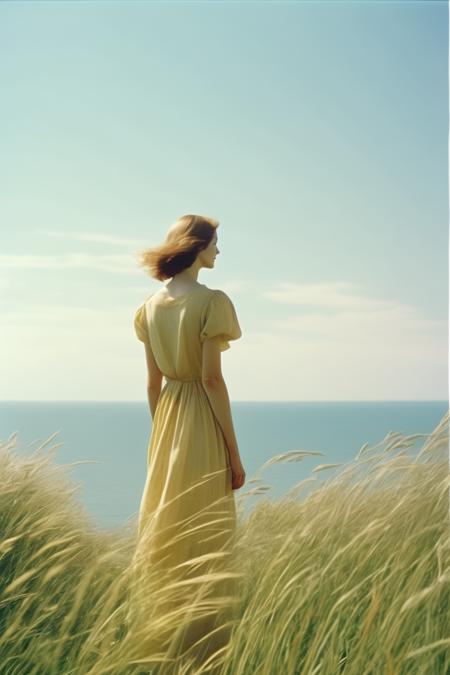 <lora:Director Yorgos Lanthimos style:1>Director Yorgos Lanthimos style - A beautiful woman stands in the tall grass and looks at the sea view, British seaside, longing, elegant gesture, elegant fingers, wearing  dress, flat view, light white and light amber, panorama, film camera, brilliant Sunshine, noon sun, beautiful freedom, blue sea, ethereal fabrics, source of photo, smiles and laughter on their faces. Bright and cheerful lighting, the sun casts a warm glow on the subject's face. Happy, joyful energy. A warm and loving moment