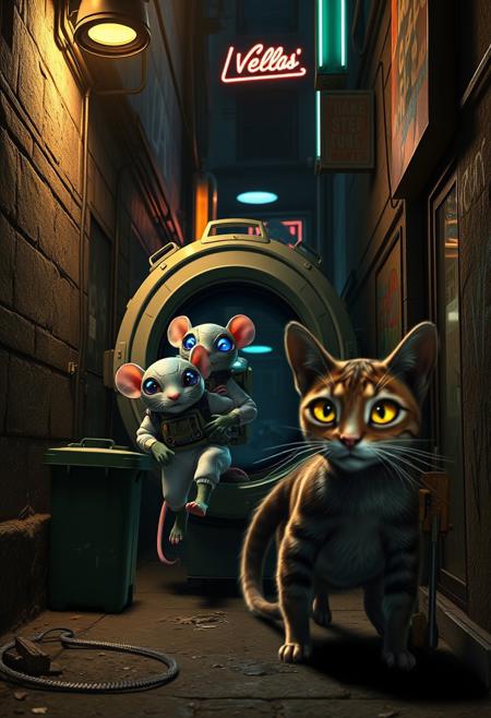Two tiny mice, dressed in high-tech, advanced spacesuits with glowing visors and futuristic gadgets, are stepping out of a small, sleek alien spacecraft. Their faces are lit with excitement and wonder as they eagerly anticipate meeting Earth's inhabitants. However, they’ve mistakenly landed in a gritty, dimly lit urban alleyway with a few neon signs casting light . The walls are covered in graffiti, and trash bins line the narrow space. Emerging from the shadows, an alley cat with a muscular physique, sleek fur and piercing gold and green eyes is poised to pounce, toward the unsuspecting mice. The scene is illuminated by a flickering streetlight neon and neon signs, casting eerie shadows across the alley., architecture, fashion, poster, 3d render