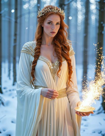 freyja, auburn hair, braided hair, magic, forest, mythic beauty, <lora:NBN-Freyja_NordicByNature:0.8>, ,The Ice Sorceress, A powerful nbn-freyja summoning frost magic, her hands glowing with ancient energy as snow and ice swirl around her.,high quality, film grain, Fujifilm XT3, 8k uhd, dslr, film grain, kodak tri-x 400 film, grain photo DOF, faint lighting, dynamic angle, cinematic, Depth of field, bokeh, best quality, cinematic, light particles, highly_detailed, very_aesthetic, golden hour, beautiful_and_aesthetic clear focus, high resolution image, ,Sexy pose, erotic pose, exhibitionism, ,retro diner