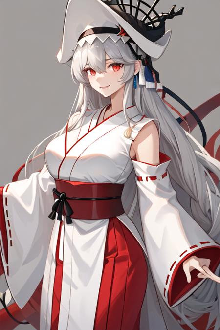 best quality, masterpiece, highres, solo, {white kimono:1.35}, {red hakama:1.35}, {wide sleeves:1.20}, {specter_arknights:1.15}, long_hair, bangs, red_eyes, hair_between_eyes, smile, black_headwear, grey_hair, white_hair, very_long_hair, upper_body, hat, breasts