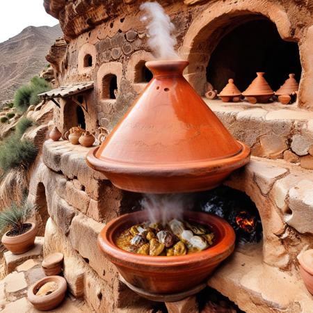 a mountainside kitchen carved into a cliff face, shelves filled with ancient tagines of all sizes, glazed in earthy hues from ochre to garnet, steam rising from a central hearth shaped like a massive clay pot, goats passing silently outside the window, Tagine