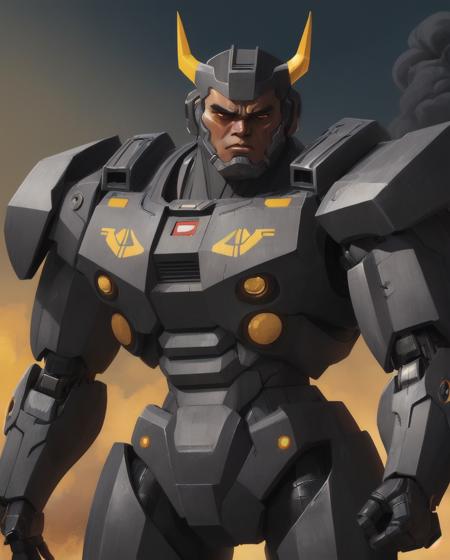 (art by Justus Sustermans:1.0) , illustration of a Mecha- beefy Man with dark yellow skin, Smoky Conditions, Movie still, broad lighting