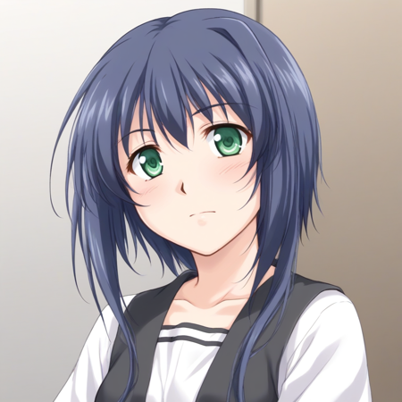 Sagara Emiru, green eyes, dark blue hair, short hair, long hair in back, mullet,