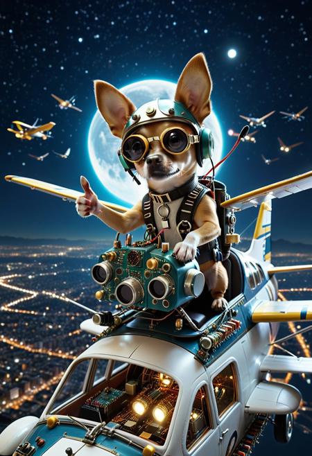 (made of Transistors:1.3), from side, cute small airplane made of Transistors, pilot chihuahua driving, wear round goggles, wear animal ears helmet, looking at viewer, hand up, thumbs up, flying above city, night, moon, starry sky, cinematic, cinematic lighting, (masterpiece, best quality:1.4), ultra-high res, 4k, Photorealistic, insanely detailed, sfw,