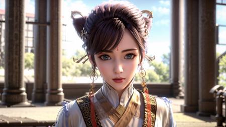 a woman with a ponytail and a bun in a video game character costume with a ponytail and a ponytail, (1girl:0.997), (blurry:1.000), (blurry background:1.000), (blurry foreground:0.999), (bokeh:0.831), (brown hair:0.880), (chinese clothes:0.894), (depth of field:1.000), (earrings:0.984), (hair ornament:0.947), (hair stick:0.888), (jewelry:0.968), (lips:0.863), (lipstick:0.688), (makeup:0.635), (motion blur:0.936), (nose:0.769), (outdoors:0.571), (solo:0.940)