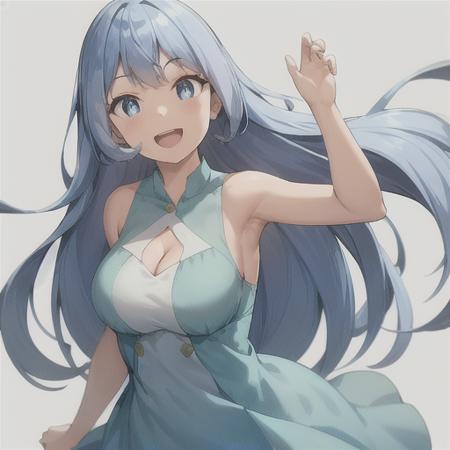 nejire hado, 1girl, solo, long hair, breasts, looking at viewer, smile, open mouth, bangs, blue eyes, simple background, white background, dress, bare shoulders, medium breasts, very long hair, blue hair, :d, sleeveless, sleeveless dress, blue dress,  <lora:NejireHadoLoRA-10:0.5>