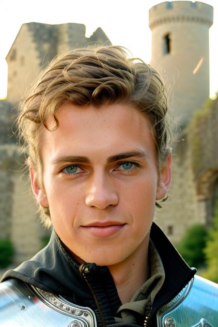 raw photo of a handsome young man, short hair, looking at the camera, in knights armor, castle ruins in the background, close up, 8k uhd, fujifilm xt3