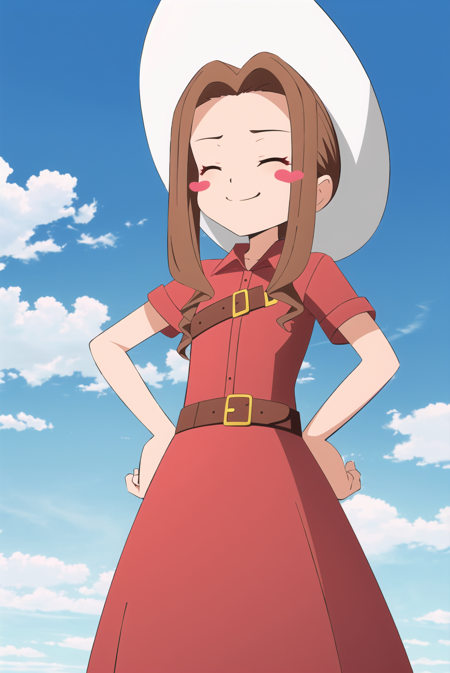 digimon, 1girl, solo, brown hair, hat, closed eyes, sky, cloud, dress, belt, smile, long hair, hands on hips, blush, short sleeves, outdoors, sidelocks, parody, cowboy hat, closed mouth, red dress, cloudy sky, blush stickers,   ((masterpiece)) <lora:digimon_offset:1>