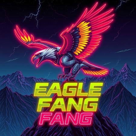 A robotic eagle flying over a mountain-top, beak with fangs. red and yellow stripes.
Background mountains at night. Cosmic skyscape.  Synthwave colorscheme. Very realistic, fantasy illustration.
with the words "EAGLE FANG" emblazoned in 3D, intricate, lightning patterns, with a predominantly neon colors,