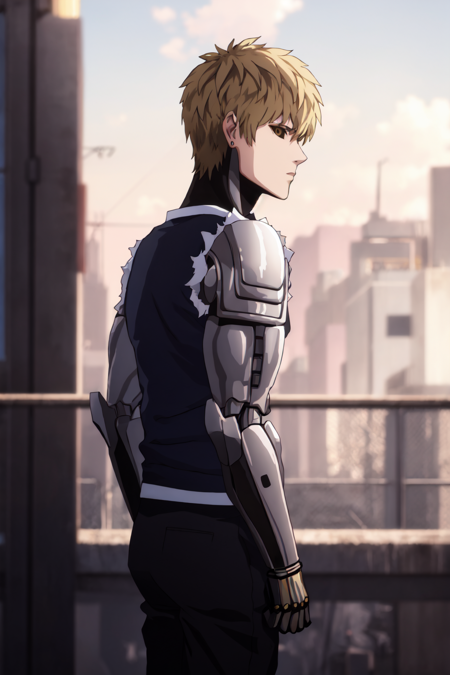 (masterpiece, best quality:1.4), colorful, high contrast, genos <lora:ironcatlora6GenosOne_v10:0.8>, blue shirt, sleeveless, black pants, mechanical arms, upper body, from side, looking at viewer