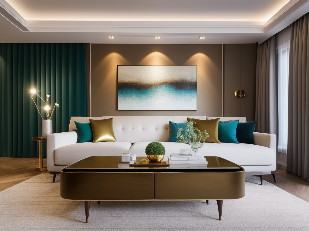 <lora:JJsArtDeco_rv3:.7> ,((art deco)) , RAW photo,Masterpiece, high quality, best quality, authentic, super detail, interiorcouch ,table ,rug ,tv sheft ,windows ,curtains, dslr, soft lighting, high quality, film grain, Fujifilm XT3 ,((artdeco)) ,gold ,green ,living room,ceiling light, television,