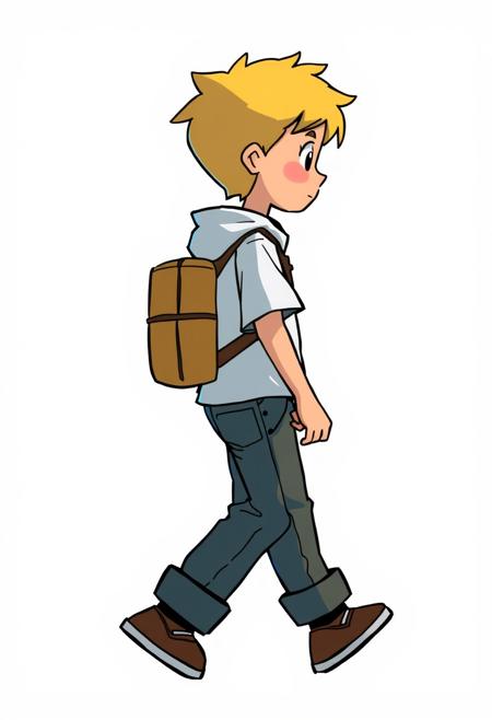 game character, white background, cartoon,a boy, walk,full body, side view.