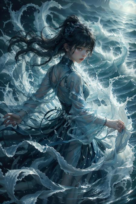 haifeisiv6,painting of a woman in a blue dress floating in the ocean,cgsociety and fenghua zhong,mistborn,((waves)),((nezha)),((lu ji)),((highly-detailed illustration)),((bo chen)),((wave)),((flood)),((fantasy character photo)),
Best quality,masterpiece,ultra high res,<lora:20240118-1705551743354-0015:0.65>, excellent composition, cinematic atmosphere, dynamic dramatic ambient light, aesthetic, winning awarded, perfect detailed, extremely intricate, creative, beautiful, innocent, stunning, inspiring, thought, epic, artistic, real, glorious