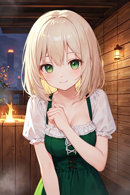 best quality, amazing intricate, cute girl, round eyes, green eyes, medium breasts, 
medium hair, platinum blond hair, 
(closed mouth and smile:1.2), looking over her shoulder, in a sauna, 
looking at viewer, 
from front, 
upper body, 
pink dress, 
dirndl, 
,