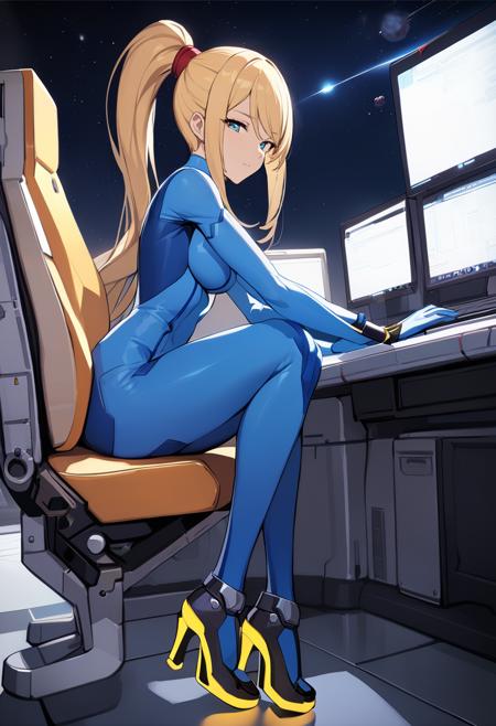 masterpiece, best quality, 1girl, game cg <lora:samus-xl-nvwls-v1-000007:0.9> defsamus, blonde hair, bodysuit, blue clothes, high heels, sitting, from side, looking at viewer, space station, computer