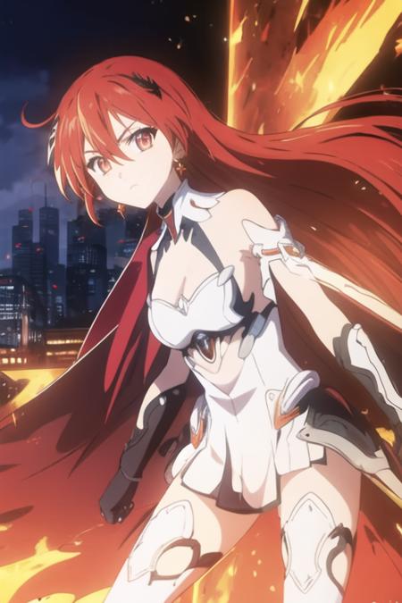 long hair,white hair,hair ornament,ponytail,blue eyes,hair between eyes,bare shoulders,gauntlets,1girl,armor,solo,cleavage,looking at viewer,gloves,jewelry,earrings,weapon,sword,thighhighs,cape,holding,holding weapon,holding sword,fire,boots,thigh boots,black gloves,torn cape,white footwear,antenna hair,City Background,flaming weapon,flaming sword,white thighhighs,dress,red hair,sky,outdoors