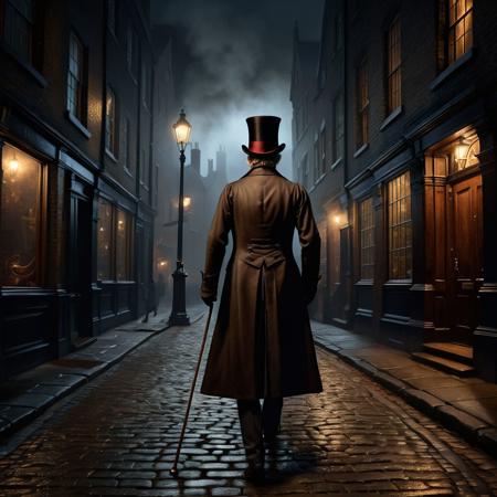 Ultra realistic full body color pencil drawn portrait of  
a man seen from behind, with a top hat, a cane and a a long coat, walking through a street of 1850 London, at night. Vibes of Charles Dickens.
BREAK
Deep dark intense brown foggy background,
Dark theme, dynamic lighting, (soft shadows), (soft focus),  (photo realistic), uhd, 8k