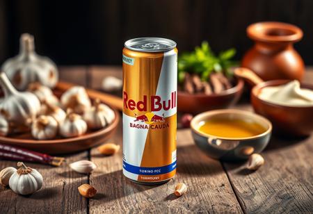 “Advertising photoshoot for a new limited-edition Red Bull can in ‘Bagna Caüda’ flavor, celebrating the flavors of the Piedmont region. The can prominently displays the Red Bull logo, the official Piedmont region logo, and the Torino FC logo as a key sponsor, symbolizing the connection to local culture and sports. The can’s design features earthy tones with subtle illustrations of garlic, anchovies, and olive oil – the key ingredients of bagna càuda. It’s set on a rustic wooden table surrounded by traditional Italian ingredients like garlic cloves, anchovies, and bowls of olive oil and cream, capturing the essence of Piedmont. The lighting is bright but warm, emphasizing both the energizing nature of Red Bull and the rich culinary heritage of Piedmont. All logos – Red Bull, Piedmont, and Torino FC – are clearly visible.”