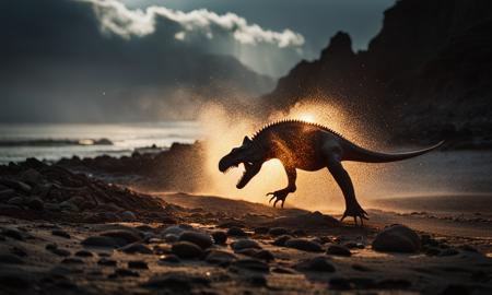 Danish (photo of silhouette:1), a dinosaur playing on the seashore, surrounded by an intense explosion, bright bokeh, RAW, 8k, Mamoru Oshii, cyberpunk, assassin, cybernetics, masterpiece, best quality, ultra high res, action shot