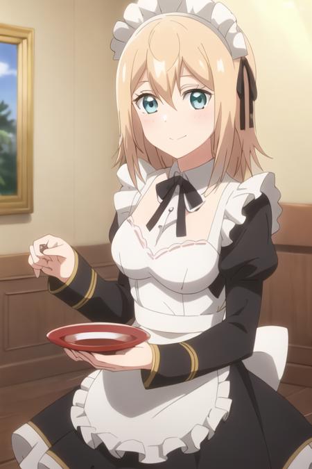 masterpiece, best quality,1girl,solo,anime screencap, Olivia,blonde hair,aqua eyes,medium hair,maid,maid headdress,<lora:Olivia:0.5>,holding cup, 
