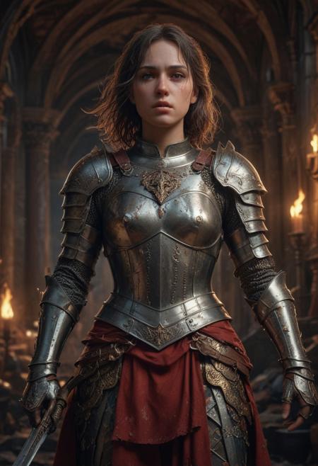 High resolution ultra-realistic of Beautiful Warrior Joan of Arc, 8k, capturing the intensity of the moment, cinematic lighting, standing on a bloody and stormy battlefield in bloody battle, wavy black hair, realistic dirty pale face, realistic brown eyes,  beautiful hourglass figure, burning in a medieval Town, intricately designed iron and silver armor, red mini skirt, Dark Ages Aesthetic, perfect athletic figure, beautiful Warrior Joan of Arc, fire, ultra realistic, cinematic style, vigorous and seductive, athletic figure, dark fantasy, dramatic lighting, wet and sweaty skin, dirty skin, athletic figure, dark fantasy, dramatic lighting, Greg Rutkowski style,, Warrior Joan of Arc on in iron armor, hyper-detailed, hyper-realistic, bright colours, Attractive 21 old years girl, Attractive, beautiful firm Breasts, sharp focus, digital painting, Photograph Taken on Nikon D750, Alphonse Mucha, 8K, athletic figure, Hyperdetailed, hyperrealism, Attractive, Attractive bust girl, asymmetric balance