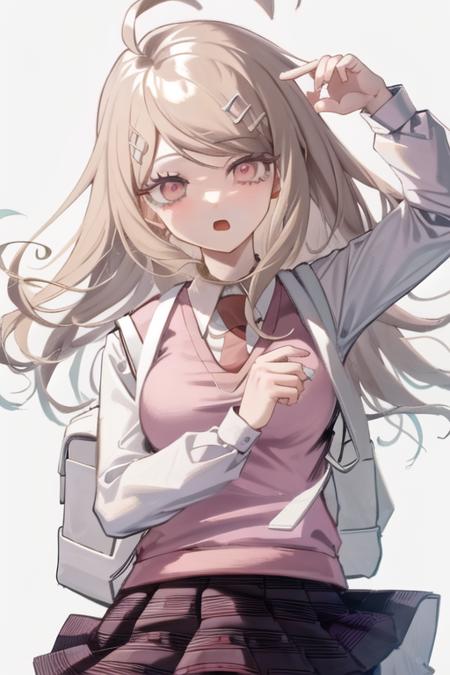 <lora:KaedeDG:1>, KaedeDG, 1girl, skirt, necktie, sweater vest, breasts, open mouth, looking at viewer, smile, shirt, long sleeves, pleated skirt, solo, backpack, beamed eighth notes, white shirt, grey background, cowboy shot, print skirt, hand up, collared shirt, blush, medium breasts, bag, school uniform, striped