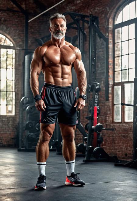 professional photoshot of: full body  handsome mature  male bodybuilder with hairy body  posing for the camera in an old gym, wearing tank top, sport short, sneakers and sport socks. Hyperreal, uhd, 8k, dslr, volumetric light, professional lighting, difuse light, key light
