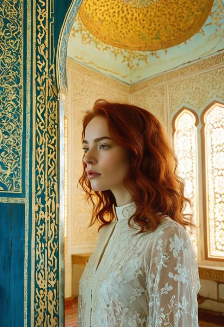 persian Girl,An image of a cute girl in liminal soviet room, girl ,analog photo, full body, in camera frame, mia cole, pale skin, tall height, against the background of the persian mosque, blue sky, sunny day, epic clouds, (oil on canvas:0.1), nicola samori, art by Jeremy Mann, god rays, dramatic light,   long bob-cut hair, shiny oiled skin, pale skin, jennifer connely, red hair slightly curly hair, (art by Eduard Wilhelm Pose and Master of the Holy Blood and Ivan Bilibin:1.2), (oxygen-rich air and sheltered atmosphere, snowy, aesthetic of hard - edge painting:0.1), symmetry and balance, pioneering unparalleled masterwork with superior details, <lora:MJ52:0.65> <lora:xl_more_art-full_v1:0.3> <lora:RMSDXL_Creative:1>,(skin texture),masterpiece, top quality, best quality, official art,highest detailed,,atmospheric lighting, cinematic composition,complex multiple subjects, 4k , highly detailed,,,Leica Q2 with Summilux 35mm f/1.2 ASPH,
