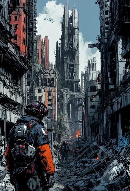 - A dystopian cityscape with towering ruins and high-tech structures
- Characters in rugged, utilitarian clothing with futuristic armor and gear
- A color scheme that uses cool blues and greys for the tech, warm oranges and reds for the human elements
- A technique that combines digital rendering with hand-drawn elements
- Themes of survival and adaptation in a harsh new world
- A palette that uses muted tones with occasional bright highlights
- A composition that leads the eye through the scene, highlighting key elements
illustration