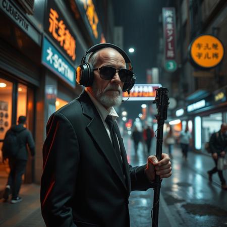 score_9, score_8_up, score_7_up, CYBERPUNK STYLE, night, outside a futuristic entrance subway station, stores with neon lights, dirt trash homless, street, people selling on streets, a futuristic shaman old man 80 years latinMAN  DARK skin freckles old short using a classic 50s black suit sunglasses modern futuristic big  headphones hearing music holding a staff with cds and electric parts walking stooped with difficulty AFTER RAIN PLACE