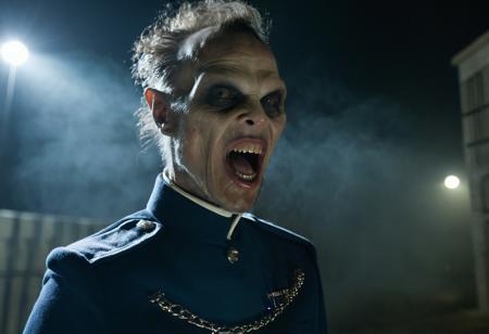 cinematic shot of a  evil hairy creature, alien, creature, science fiction, white eyes, mouth opened showing teeth, long pointy nose, wearing elegant uniform, science fiction prison at night, volumetric lighting, volumetric fog