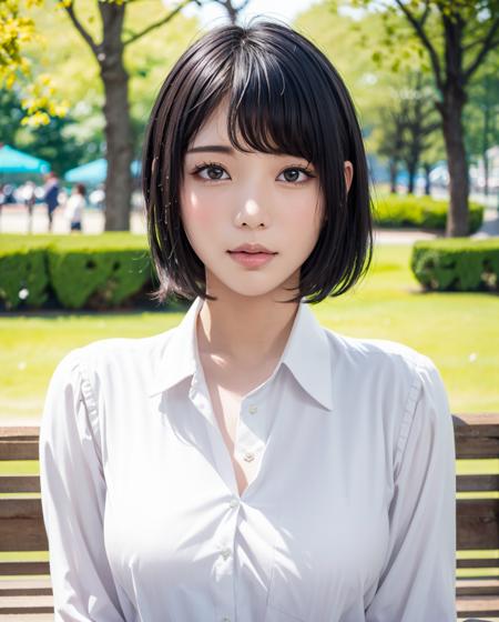 pureerosface_v1, best quality, photorealistic, 8k, high res, full color, 1girl, woman, 20 years old woman, (closed mouth:1.43), (skindentation), (portrait:0.6), trees, park bench, daylight, ((park background:1.52)), full color, ((whitebuttonedshirt:1.58)), looking at viewer:1.8, (1girl eyes looking at viewer:1.55), (medium hair, brownhair, partedbangs:1.45), (bokeh), <lora:AAV-kaoru:0.65>